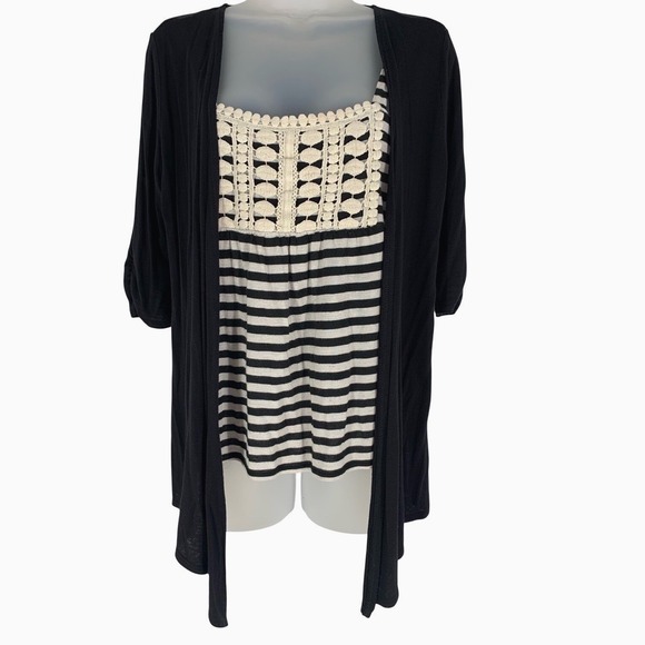 Iz Byer Tops - IZ BYER M Black White Lace Stripe Tank Cardigan Set Boho Festival Layered Top